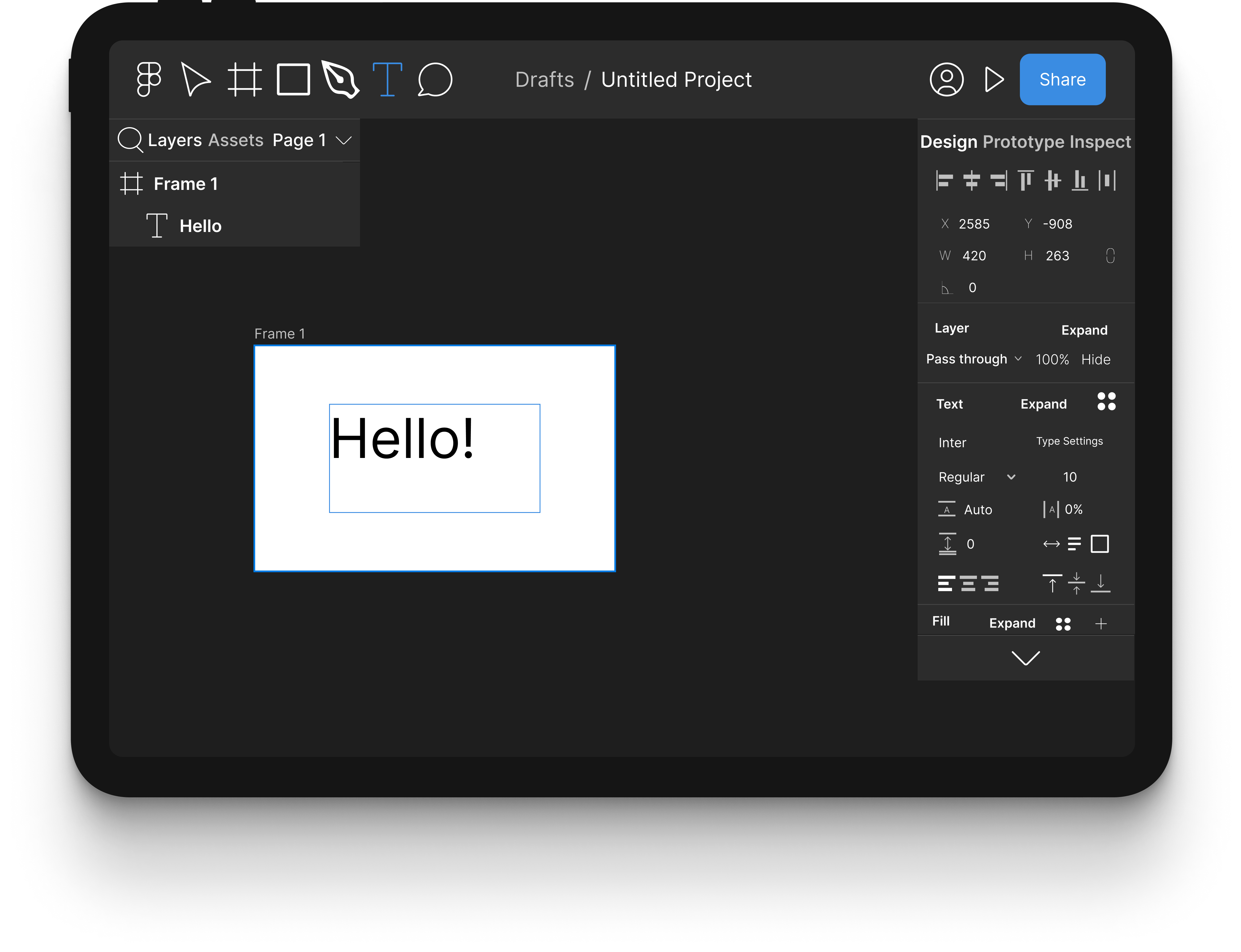 Prototype portraying a frame and textbox in Figma Mobile