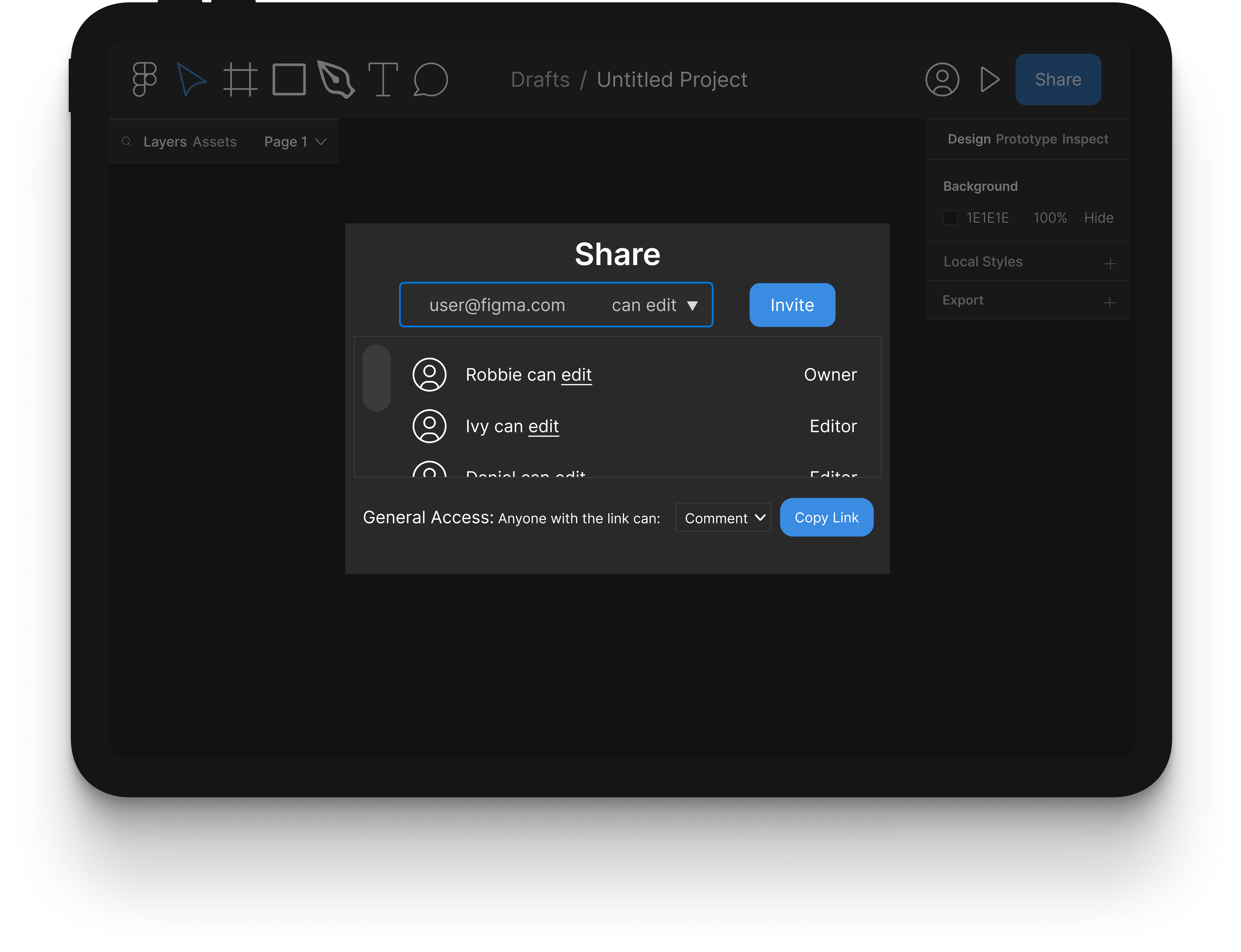 Prototype portraying a sharing permission overlay in Figma Mobile